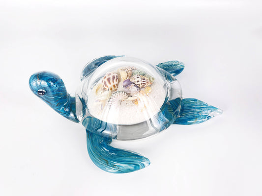 Art Glass Sea Turtle with Sand and Sea Shell: Teal